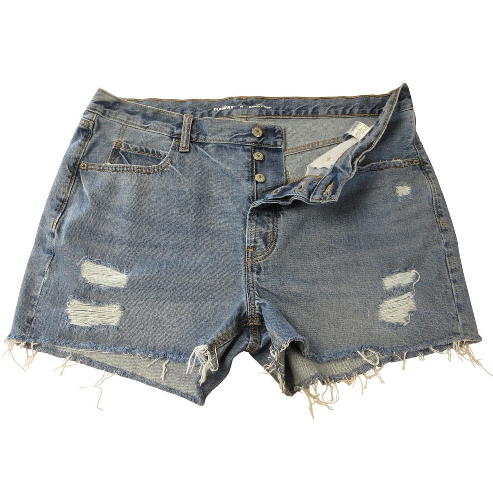 OLD NAVY High Rise Slouchy Straight Jean Shorts Sz 16 Blu Denim Button Fly Jorts